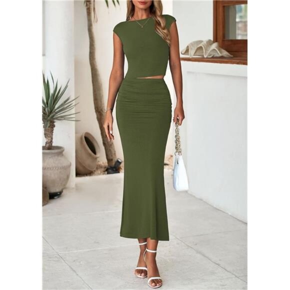 Skirt Sets Women 2 Piece Outfits Green - Picture 3 of 6